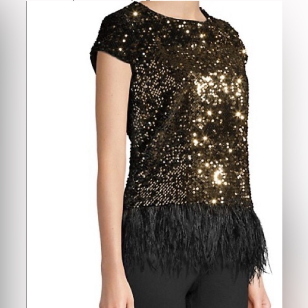 Milly Gold Sequin Top with Black Feather Hem